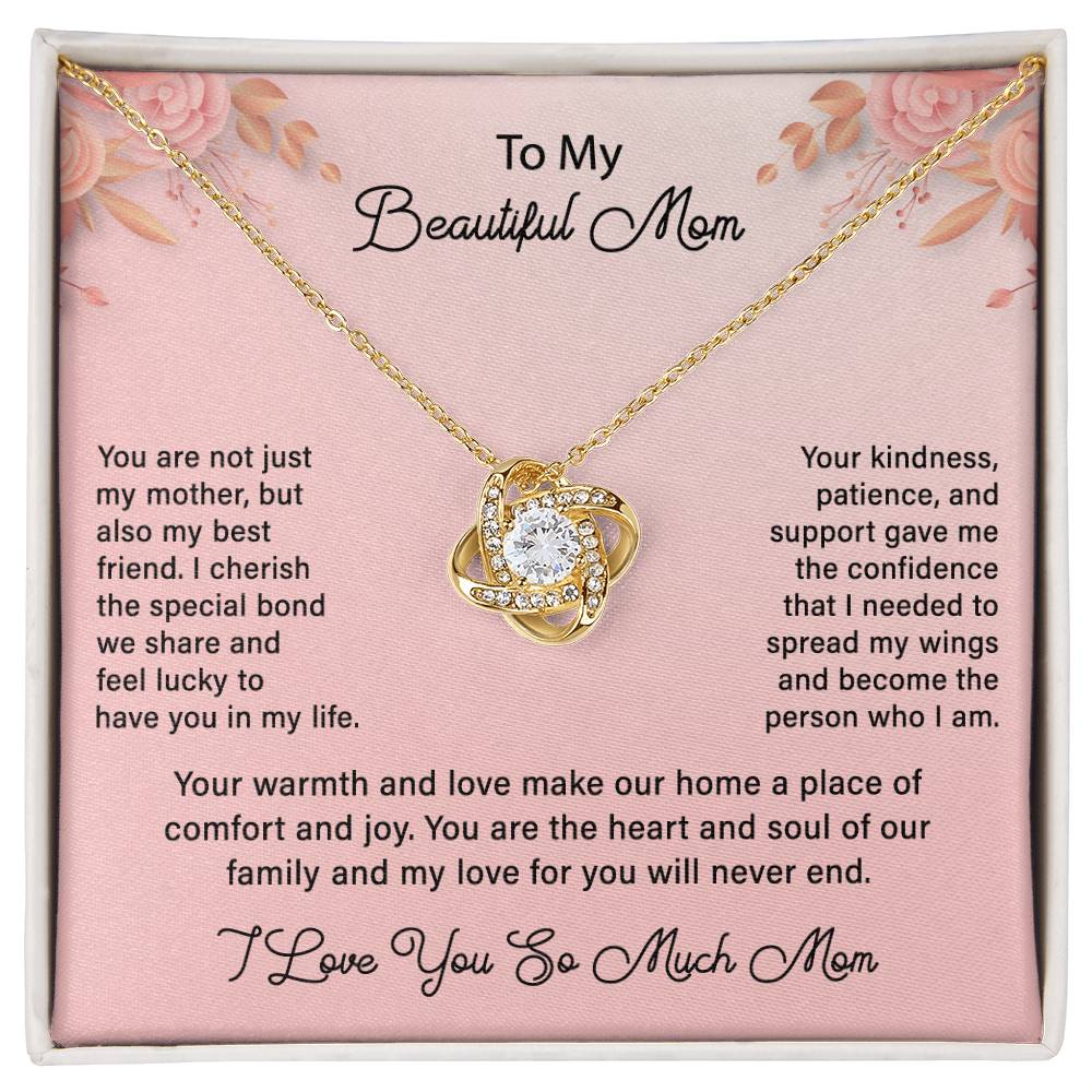 To My Beautiful Mom - Pretty Pink Background - Love Knott Necklace